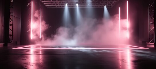 pink smoke and spotlights shine on stage floor in dark room, idea for background backdrop, abandon room or warehouse, Generative Ai
