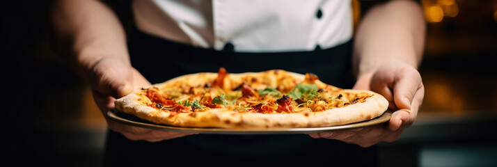 Chef hands holding a freshly baked pizza on blurred background close-up. Pizzeria. Digital ai art