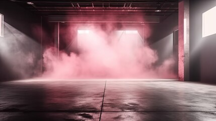 pink smoke and spotlights shine on stage floor in dark room, idea for background backdrop, abandon room or warehouse, Generative Ai