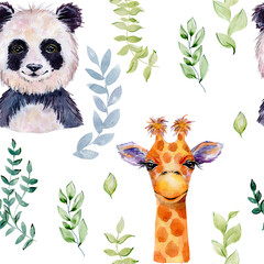 Watercolor seamless pattern with panda and giraffe on white background.