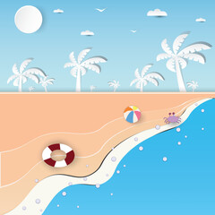 Beach background with ball, swim ring, crab, sun, clouds, birds, sea and coconut tree. paper art. Vector illustration.