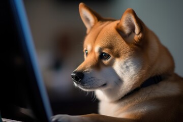 A Shiba Inu looking at the trading Screen