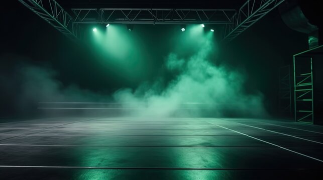 green smoke and spotlights shine on stage floor in dark room, idea for background backdrop, abandon room or warehouse, Generative Ai