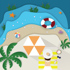 Female in swimsuit resting on beach. Beautiful woman sunbathing and relaxing with cocktail on summer holidays. Summer decorated with beach equipment, Top view beach. vector illustration.