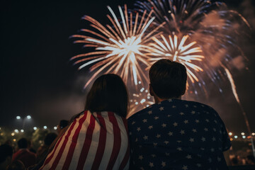 a young couple sit together to watch celebration fireworks in America. Generative ai