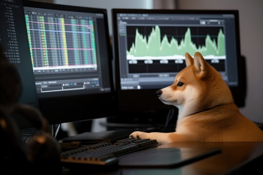 A Shiba Inu looking at the trading Screen