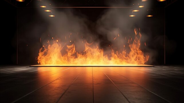 Fire And Smoke, Spotlights Shine On Stage Floor In Dark Room With Burning Flame , Fire Effect Ground, Idea For Background, Backdrop Generative Ai