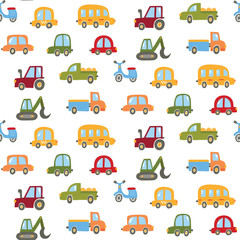 Cute cars autos doodle childlike drawn seamless vector pattern