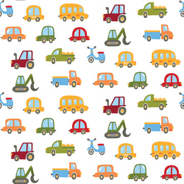Cute cars autos doodle childlike drawn seamless vector pattern