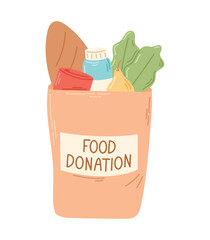 Fototapeta na wymiar Cartoon vector isolated Paper Bag with Food Donation. Social care for poor people, set of Groceries. Greens, bread, pear, a bottle of milk.