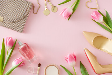 Top view photo of perfume bottle cosmetic brush and bijouteries earrings beige women shoes handbag and pink tulips on pastel pink background with blank space. Mother's Day concept