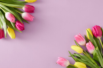 Spring concept. Top view photo of bouquets of flowers yellow pink tulips on isolated lilac background with blank space in the middle