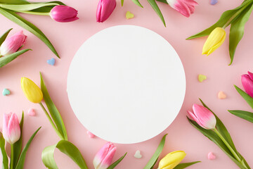 Mother's Day mood concept. Creative layout made of white circle yellow pink tulips and small hearts baubles on isolated pastel pink background. Flat lay with blank space