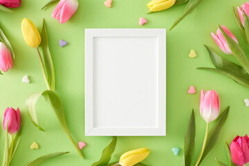 Flat lay photo of vertical photo frame yellow pink tulips and small hearts baubles on isolated...