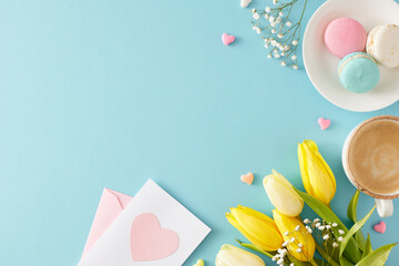 Mother's Day concept. Top view photo of postcard plate with macaroons cup of coffee small hearts...