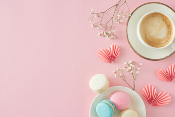 Women's Day concept. Top view photo of plate with macaroons cup of coffee pink origami paper hearts...