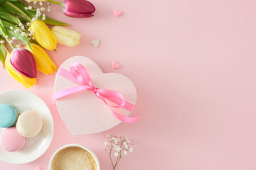 Obraz na płótnie Canvas Women's Day celebration concept. Top view photo of heart shaped giftbox cup of coffee macaroons small hearts bunch of colorful tulips and gypsophila flowers on pastel pink background with empty space