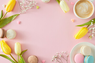Mother's Day mood concept. Top view photo of cup of coffee plate with macaroons small hearts...