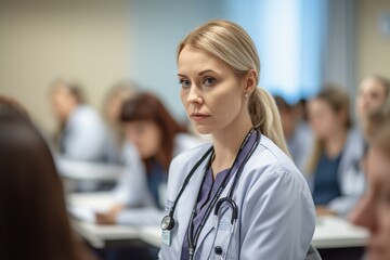 Picture of a medical professional conducting a mental health seminar, World health day, bokeh Generative AI