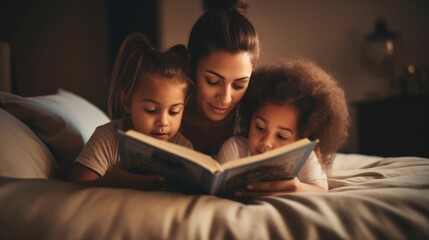 the love of a young Latina brazilian mom mother reading a fairy tale to her child, mãe brasileira lendo conto de fadas para a filha, GENERATIVE AI