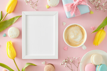 Mother's Day concept. Top view photo of vertical photo frame gift box cup of coffee plate with...