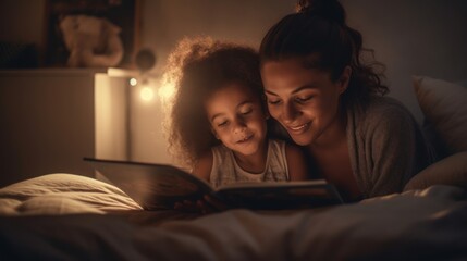 the love of a young Latina brazilian mom mother reading a fairy tale to her child, mãe brasileira lendo conto de fadas para a filha, GENERATIVE AI