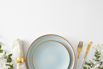 Table setting concept. Flat lay photo of empty plate cutlery knife fork fabric napkin with ring...