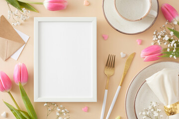 Women's Day celebration concept. Top view photo of white photo frame cutlery knife fork plate...