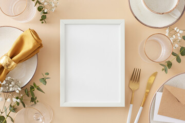 Table setting concept. Top view photo of vertical photo frame plate cutlery knife fork fabric...