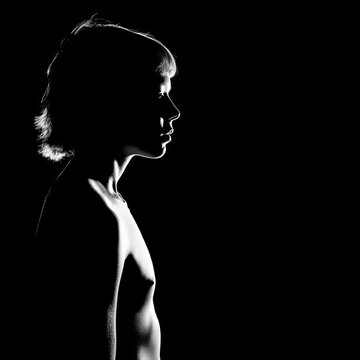 Profil d'un jeune gar&ccedil;on torse nu dans l'ombre &eacute;clair&eacute; &agrave; contre-jour qui dessine par le contour de lumi&egrave;re - IA g&eacute;n&eacute;rative