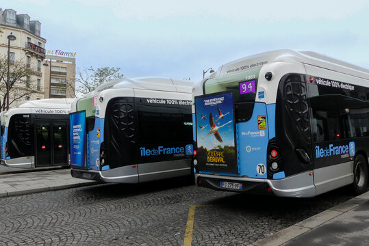 Paris, France. April 02. 2023. RATP public transport. Electric bus used to transport people.