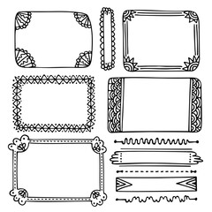 Bullet journal hand-drawn vector elements for notebook, diary, or planner. Doodle black frames are isolated on white background. 