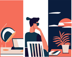   Vector flat illustration of  a working office, working space, a young modern man is resting by the window, contemplating the landscape, the sunset, leisure time, summertime