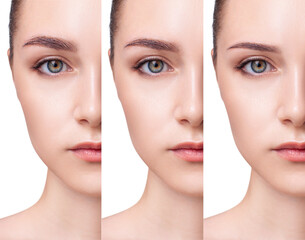 Collage of woman change shape of eyebrows