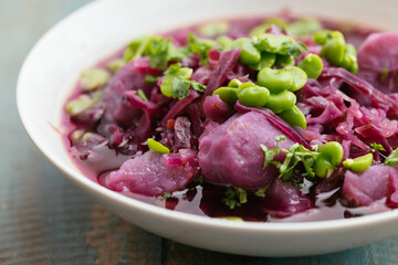 Purple Cabbage Soup with Purple Potatoes and Fava Beans