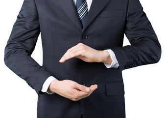 Businessman in suit with two hands in position to protect something