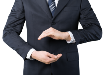 Businessman in suit with two hands in position to protect something