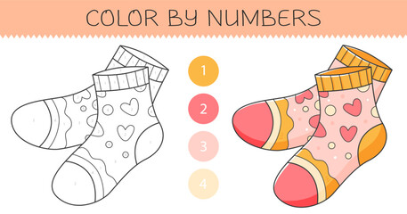 Naklejka premium Color by numbers coloring book for kids with socks. Coloring page with cute cartoon socks with an example for coloring. Monochrome and color versions. Vector illustration.