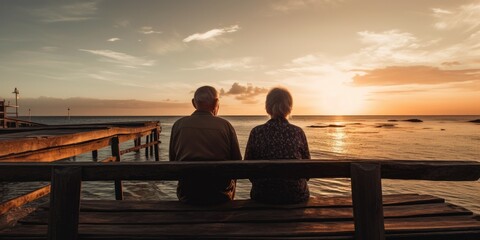 old couple sitting on bench and enjoying sea view. Generative AI