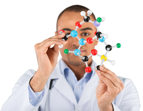 Chemistry male Student holding molecule form isolated on white