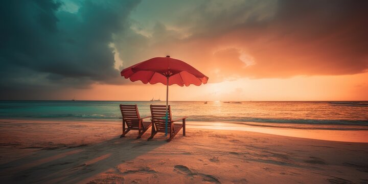 Two chairs and umbrella on a beautiful beach facing the ocean. Generative AI