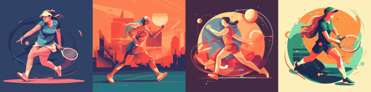 Set of tennis players in dynamic action, 2d flat color, vector illustration