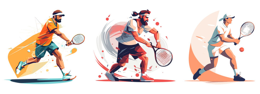 Set of tennis players in dynamic action, 2d flat color, vector illustration