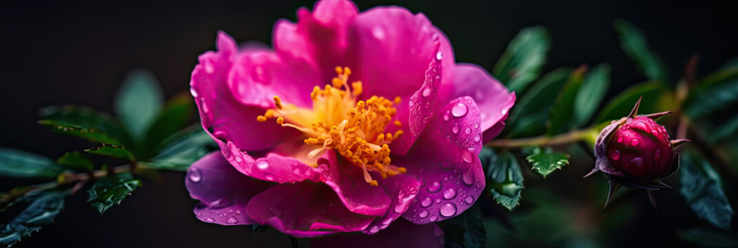 moss rose with water drops. Generative AI image.