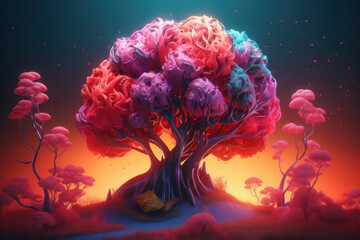 Surreal human brain growing from a plant in colorful landscape