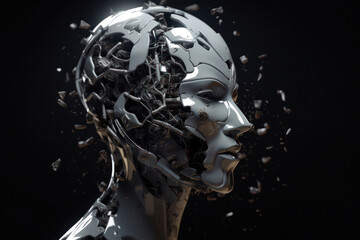 Obraz na płótnie Canvas Shattering Female Robot Head in 3D Rendering