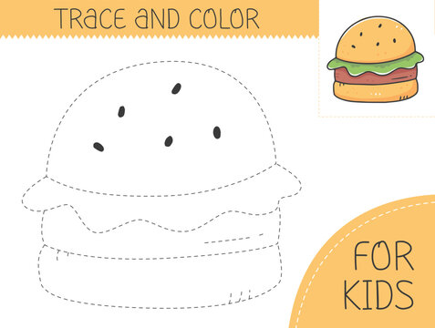 Trace and color coloring book with burger for kids. Coloring page with cartoon burger. Vector illustration for kids.
