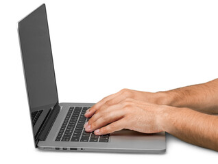 Male hands on laptop on a white background