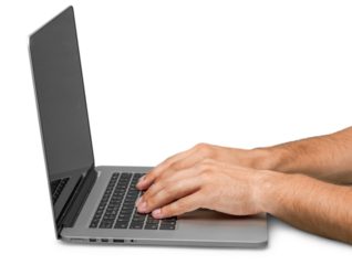 Male hands on laptop on a white background