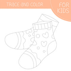 Obraz premium Trace and color coloring book with socks for kids. Coloring page with cartoon socks. Vector square illustration.